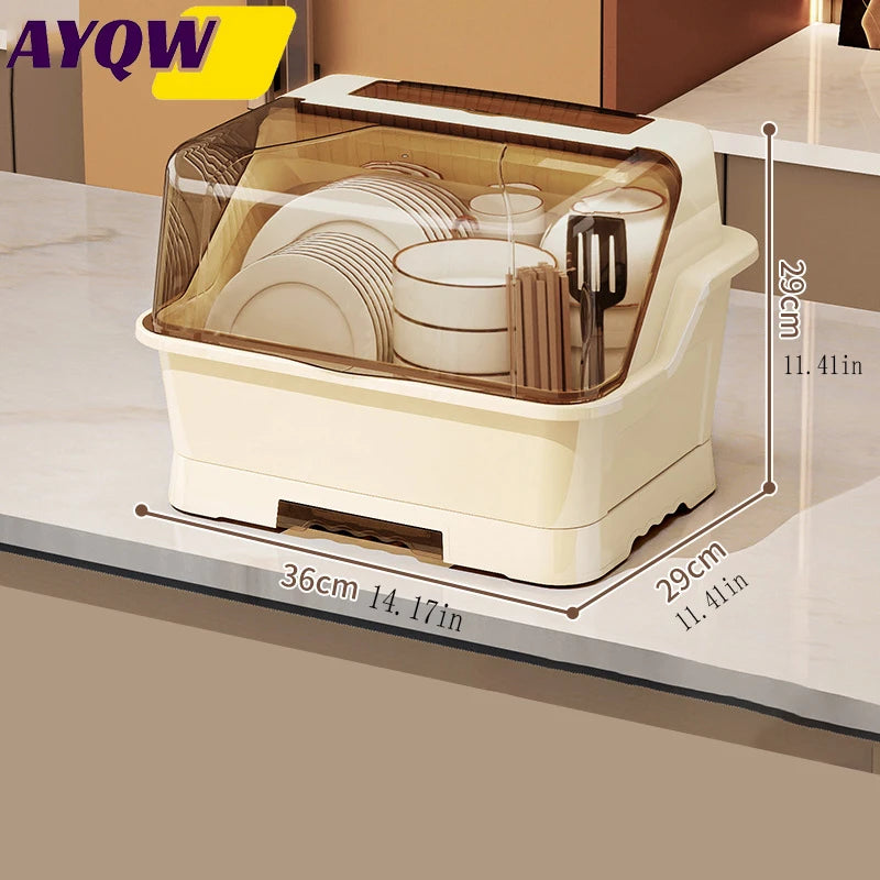 Dish Rack with Lid - Space-Saving, Dust-Proof Kitchen Storage Cabinet, Cream Color, Multi-Functional Cutlery Organizer with Drainboard, Suitable for Countertops and Cabinets, Dish Rack for Kitchen Countertops