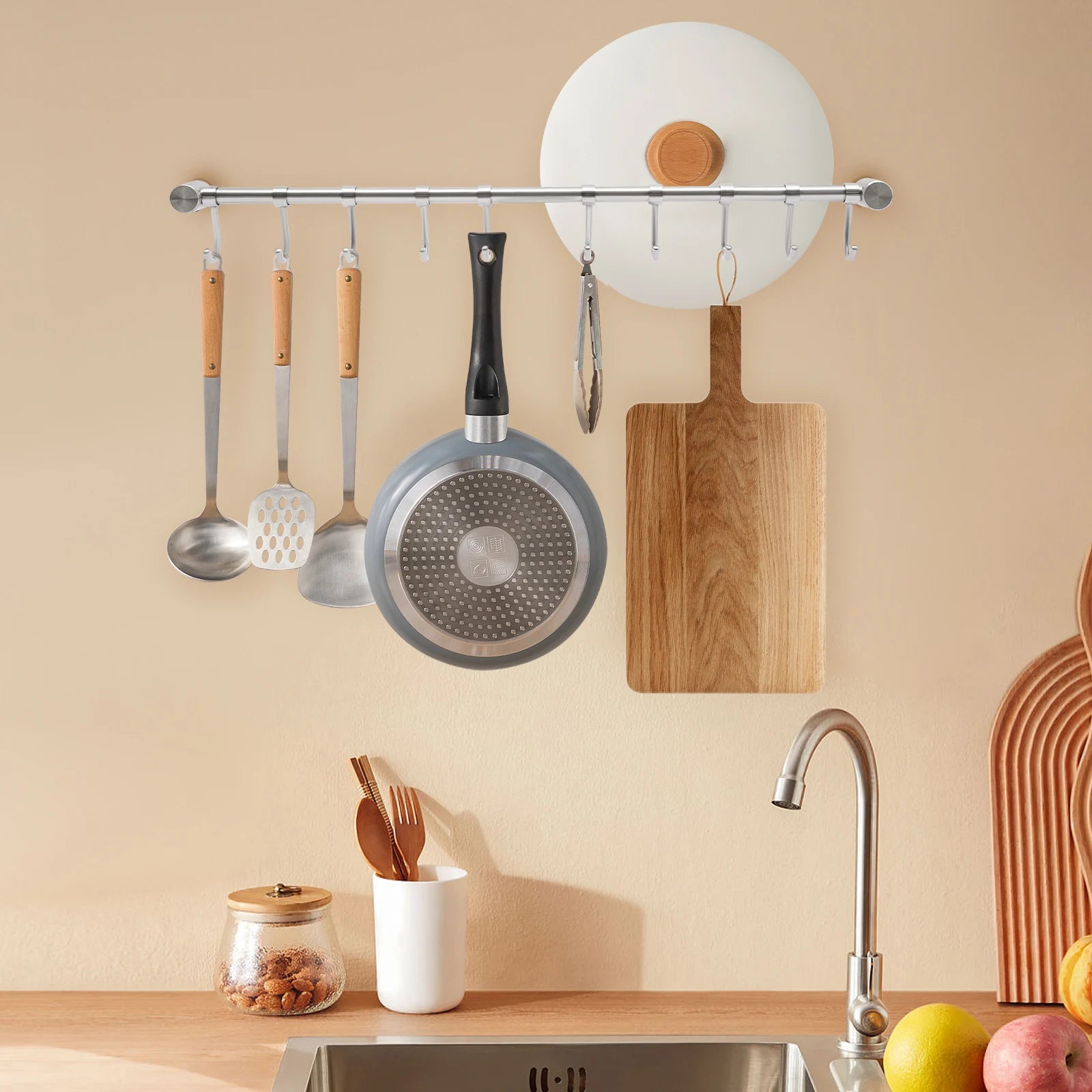 20 inch Wall-mounted Rail Utensil Storage Hanger 304 Stainless Steel Kitchen Hanging Racks For Spatula Spoon Cookware Mug