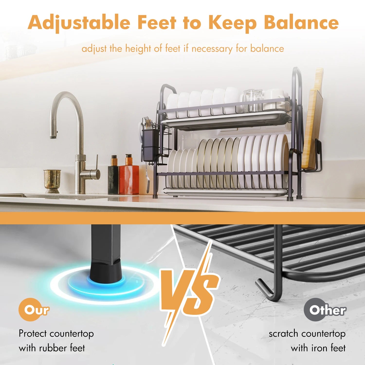 2-TierDish Drying Rack for Kitchen Drain Board Tray Compact Dishing Rack  Space-Saving with Utensil Holder Drainboard