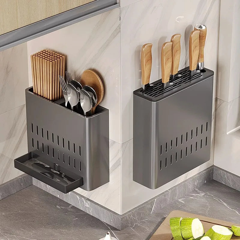 Gun ash chopsticks holder storage box Kitchen household wall mounted spoon shelf Wall drain free punch chopsticks cage