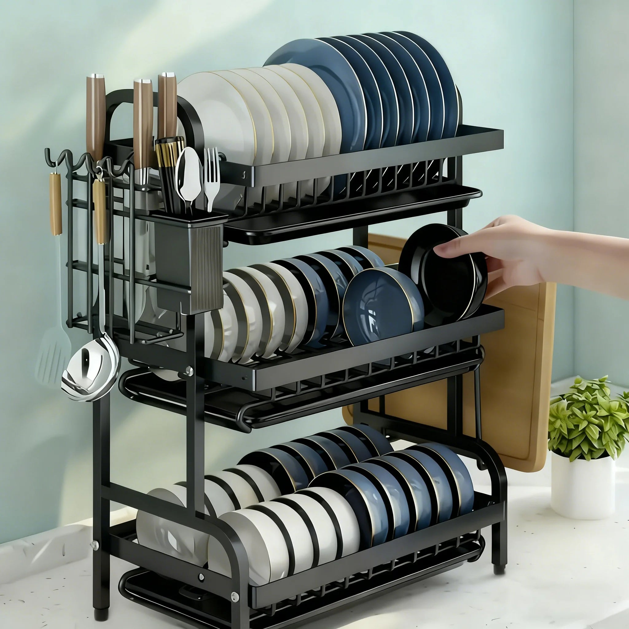 Large 2-3 Tier Vertical Dish Rack/Utensil Holder, Kitchen Storage Rack with Quick Drainage System, Knife and Fork Holder, Cutting Board Storage, Drying Rack - Heavy-Duty Carbon Steel Multifunctional Utensil Organizer, Suitable for Bowls, Plates, and Cook